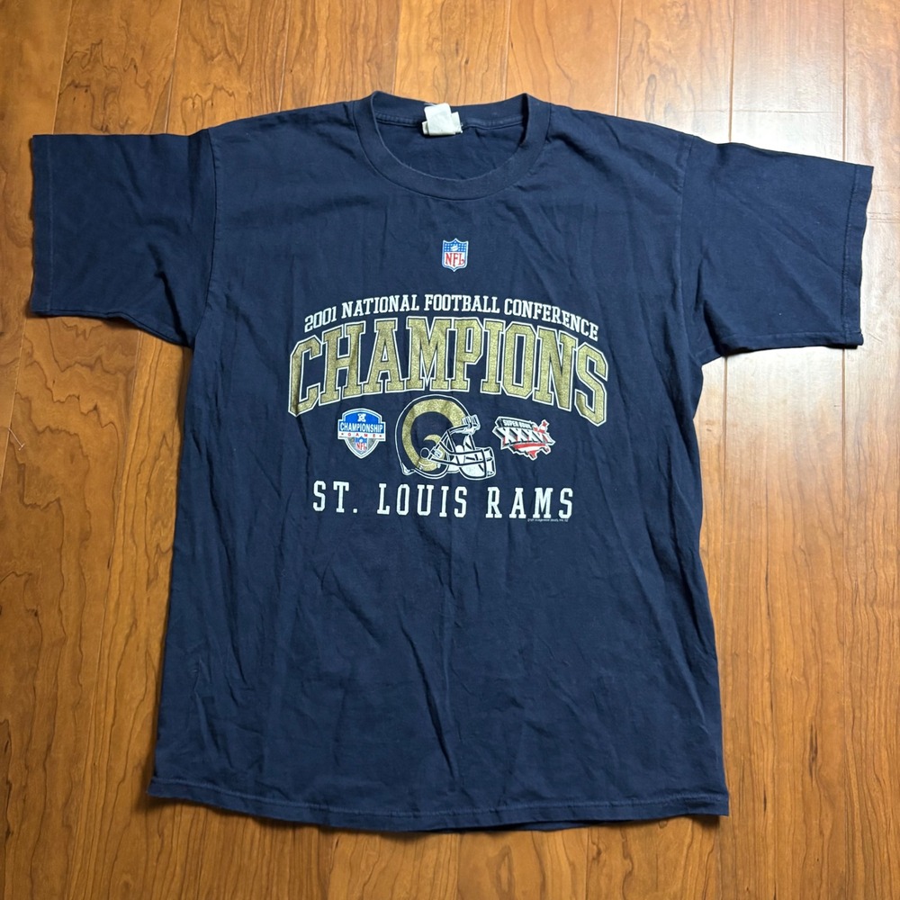 Vintage 2001 St Louis Rams NFC Champions T-Shirt Lee Sport Navy Blue Large